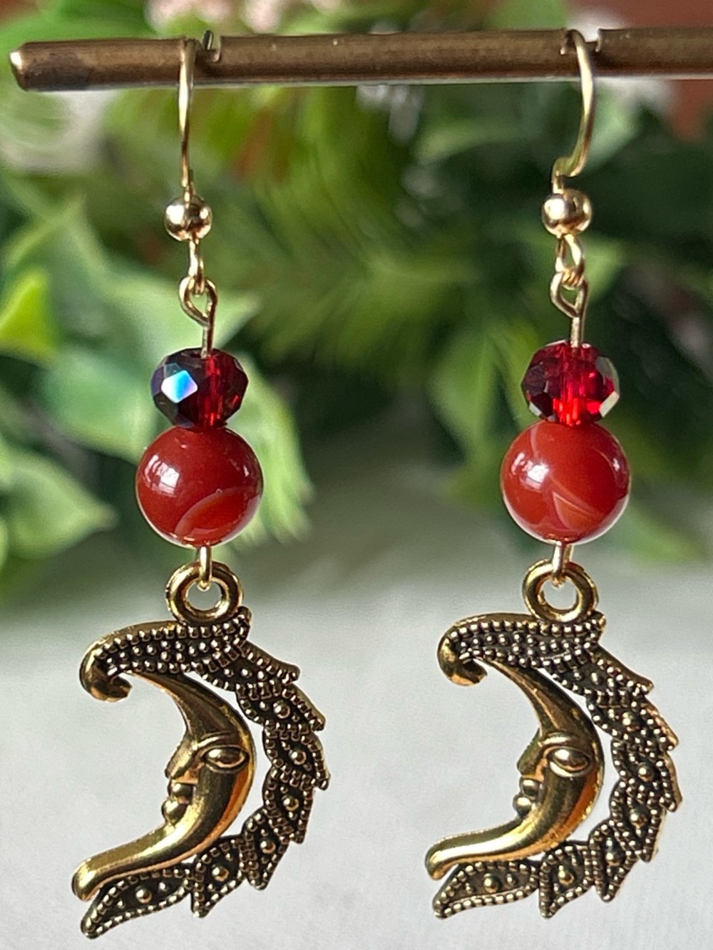 Gold Moon Charm Earrings with Carnelian + Red AB Crystal Beads